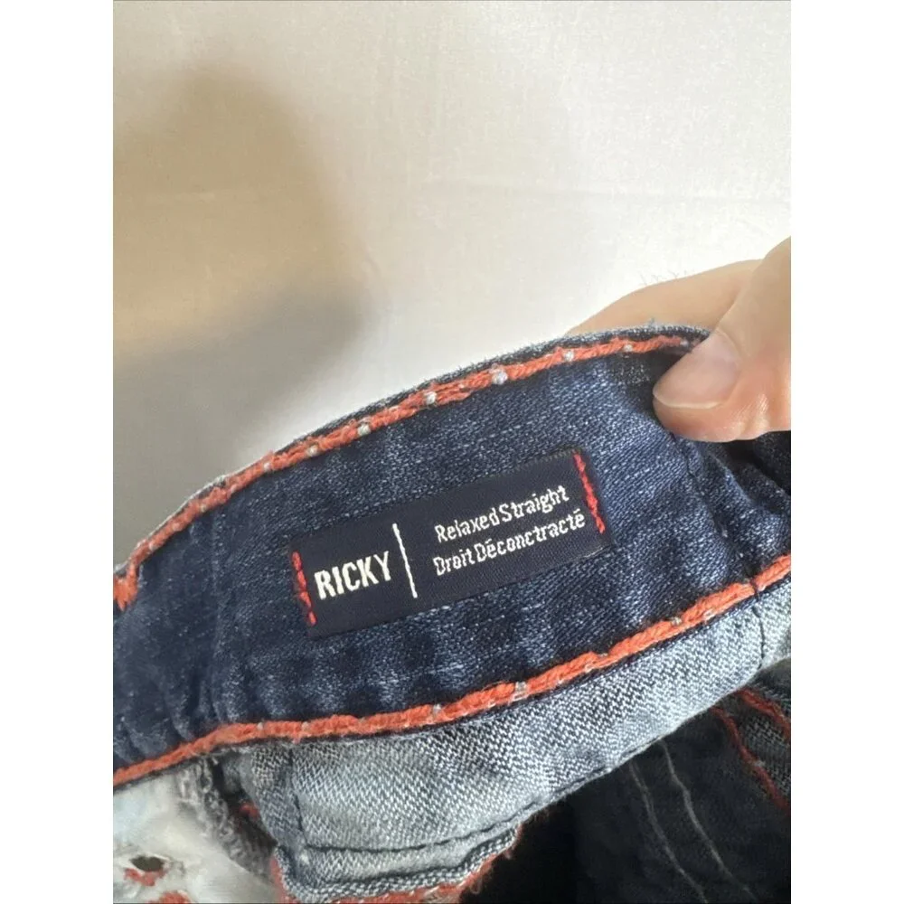 True Religion Ricky Relaxed Straight Jeans 38x32 Made USA Distressed‎ Flap
